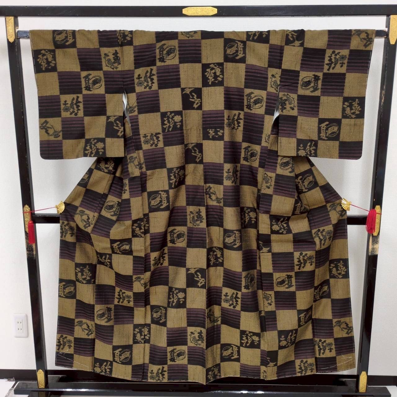 十日町紬 貴道楽 春夏 冬 あきない 市松模様 真綿 正絹 着物 MK-203