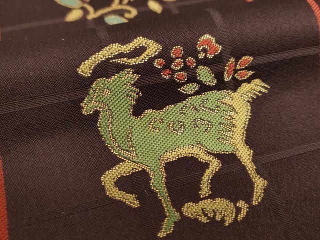 平和屋着物●名物裂一筋　西陣・あらいそ謹製　全通柄　本袋帯　格子鳥獣花文　金糸　正絹　逸品　DAAU5711ps 平和屋着物○名物裂一筋 西陣・あらいそ謹製 全通柄 本袋帯 格子鳥獣花