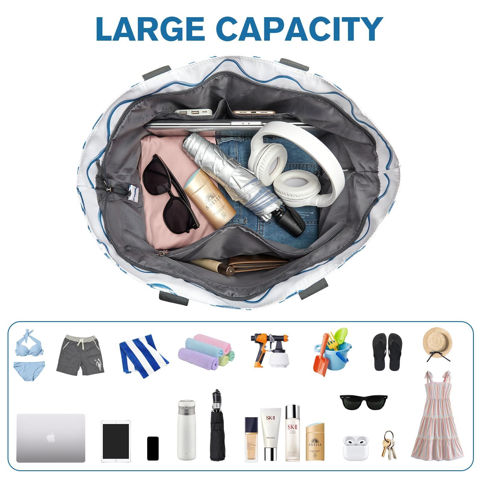 まもなく終了 大型ビーチトート 防水防砂 ジッパー付き 女性用折りたたみバッグ G 4 Free