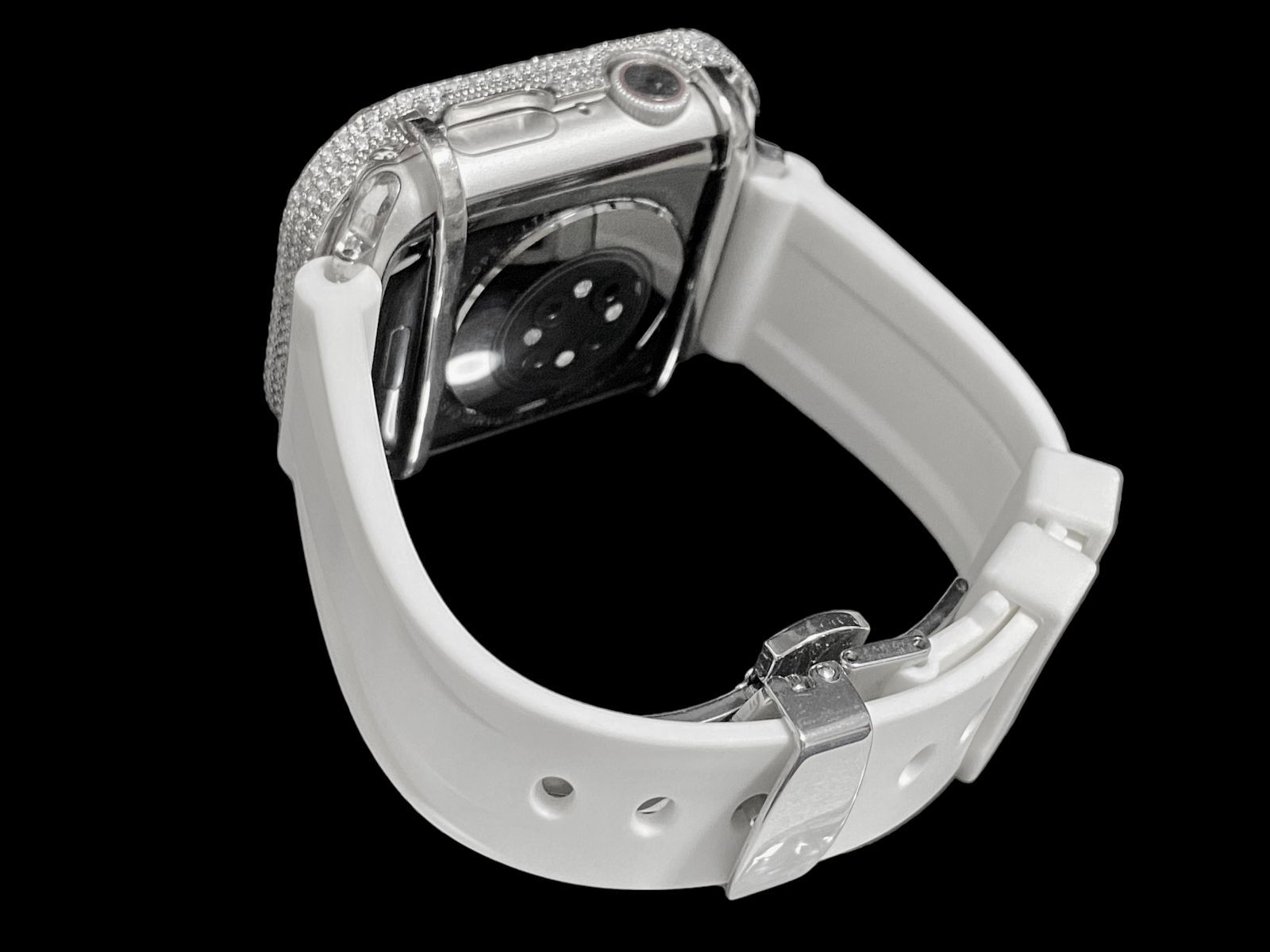 超 大粒シルバー ホワイト AppleWatchキラキラケース カバー アップルウォッチ ラバーバンド ベルト 38 mm 41 42 45