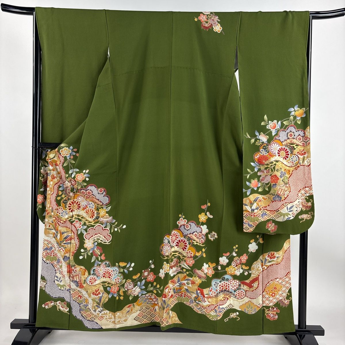 振袖 身丈159cm 裄丈67cm M 袷 松 草花 金糸 金銀彩 茶緑色 正絹