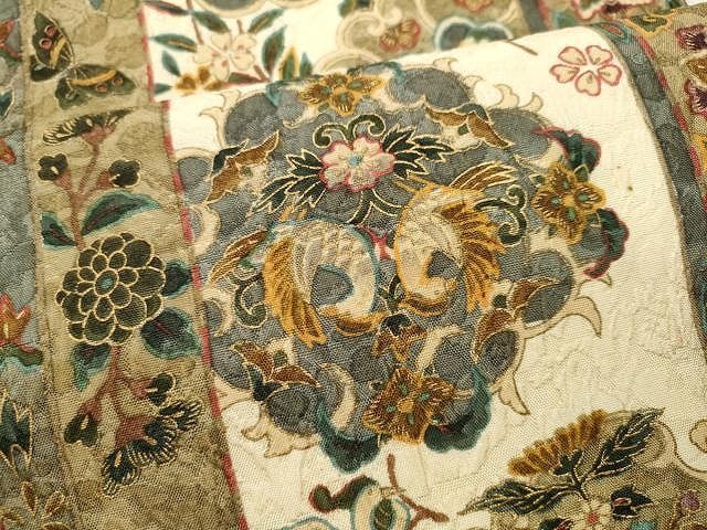 平和屋着物○西陣 老舗 渡文謹製 手織 両面 全通柄袋帯 纐纈 向鳥更紗