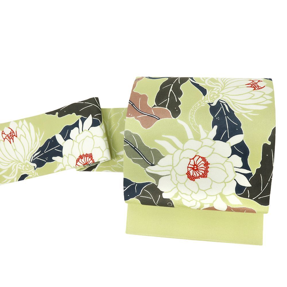 栗山吉三郎 名古屋帯 黄緑 月下美人 仕立て上がり カジュアル