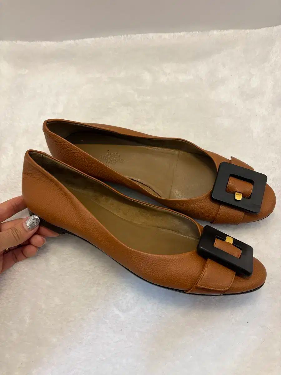 HERMES エルメス ブラウン フラットシューズ バックル 装飾 39 250 サイズ 純正