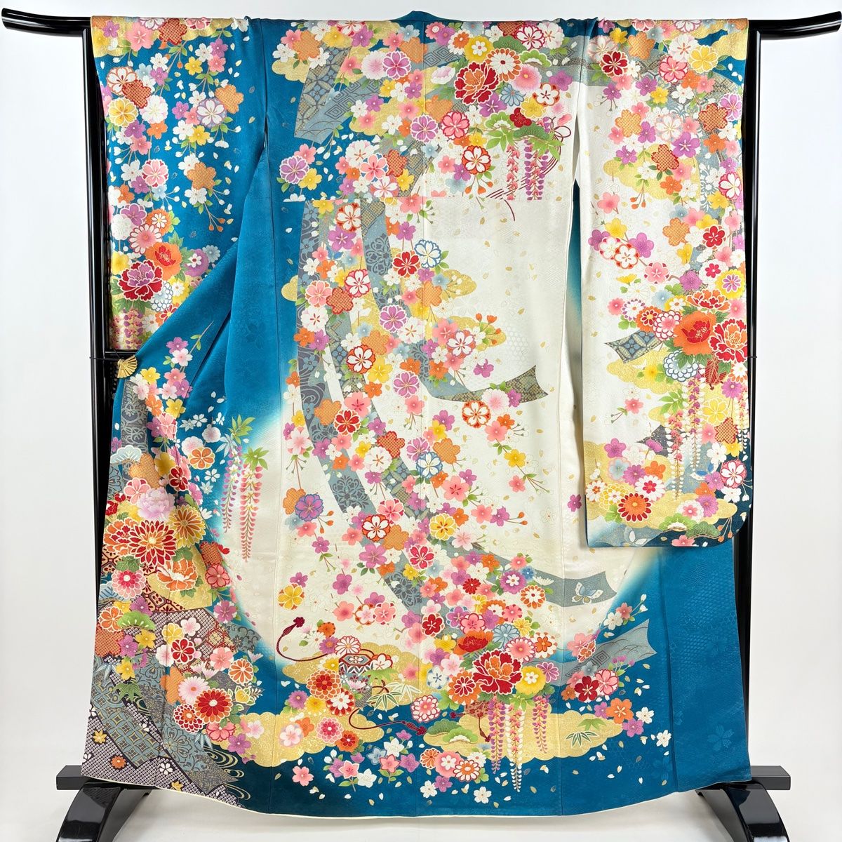 振袖 身丈163cm 裄丈65.5cm M 袷 短冊 草花 銀通し 金彩 青緑 正絹