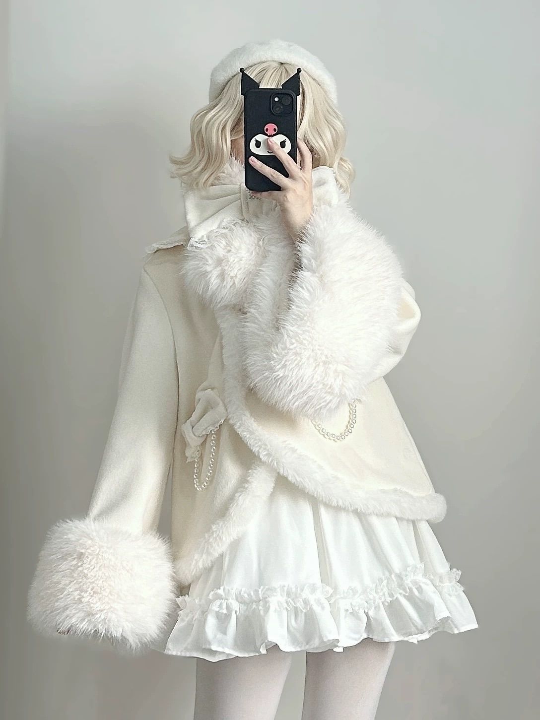 白雪の結晶 リボン ホワイト ふわふわ コート リボン ポンチョ カーディガン サブカル 服 ロリィタ 長袖 地雷系 量産型 ゴス