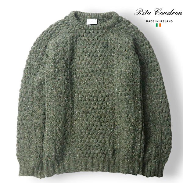 90s ヴィンテージ！美品 Rita Condron リタ・コンドロン アイルランド製 ミックスウール アランニットセーター カーキ XL