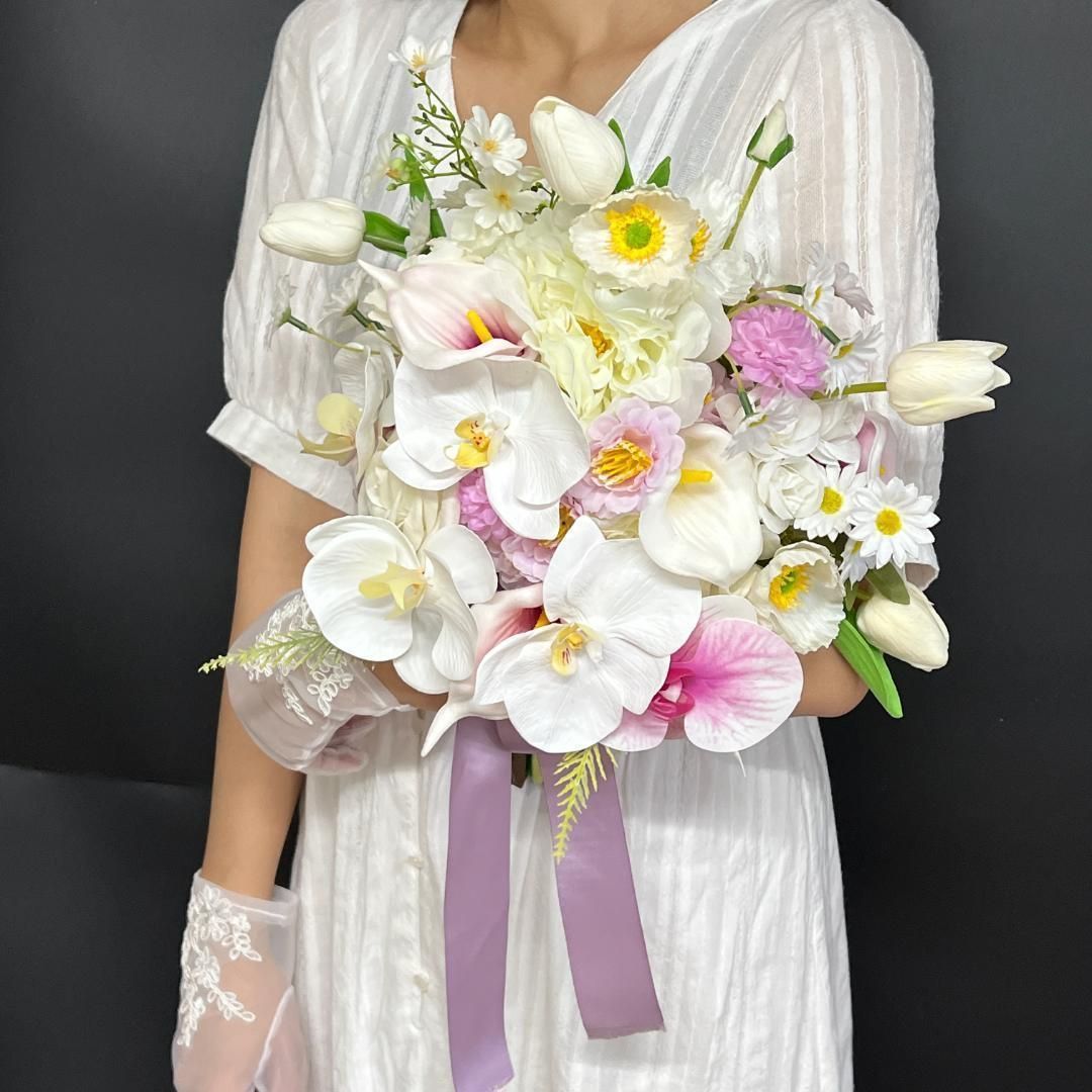 3点セット サーモンピンクフラワーブーケ F19 造花ブーケ ウェディング  