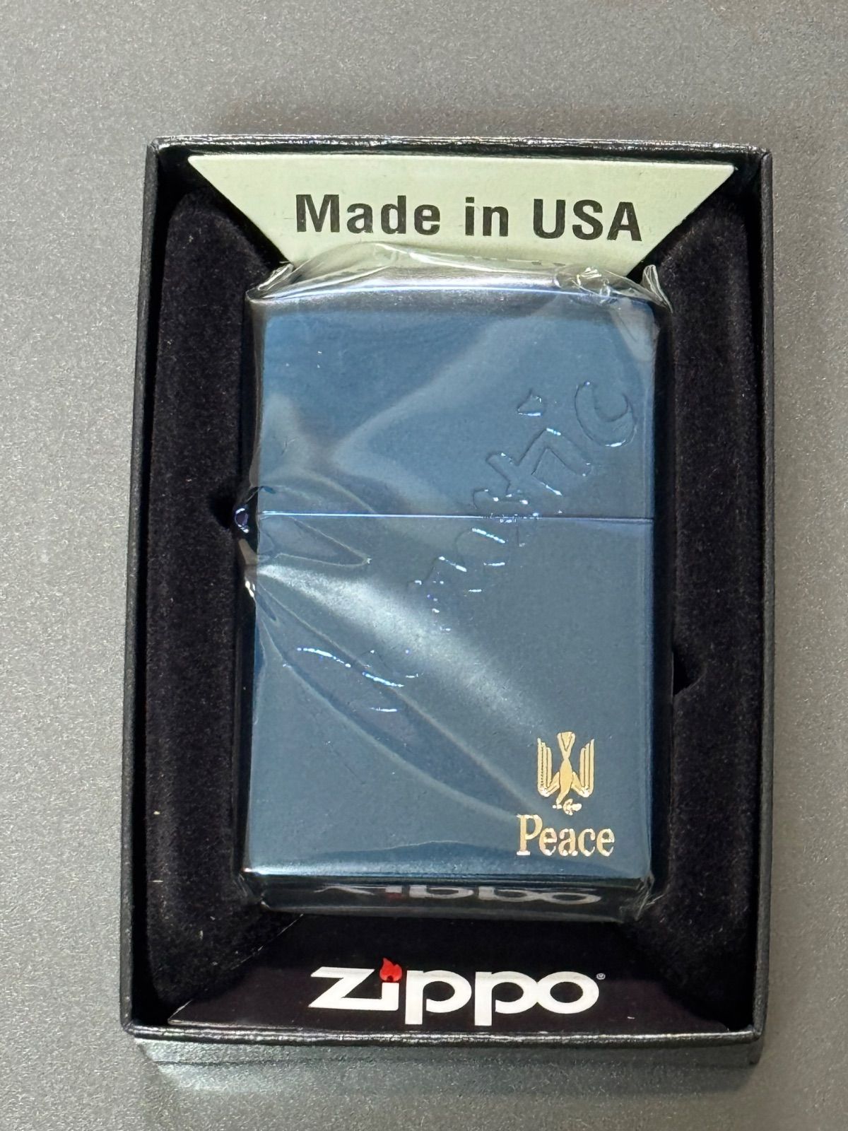 zippo Peace Acoustic BLUE TITAN ピース アコースティック 2002年製 年代物 ブルーチタン たばこメーカー 懸賞品 PEACE デットストック ケース 保証書