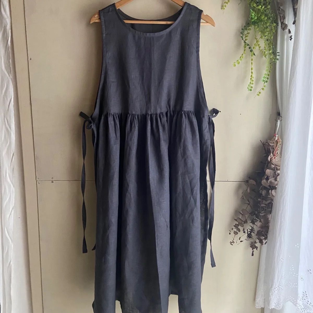 リネンエプロンワンピース ブルーグレー 重ね着 サイドリボン