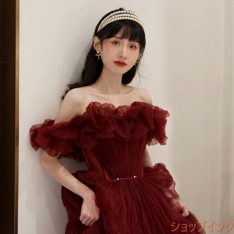 【美品】結婚式 二次会 カラードレスワンショルダーリボンドレス カラードレス ウェディングドレス レッド 赤 オフショルダー A