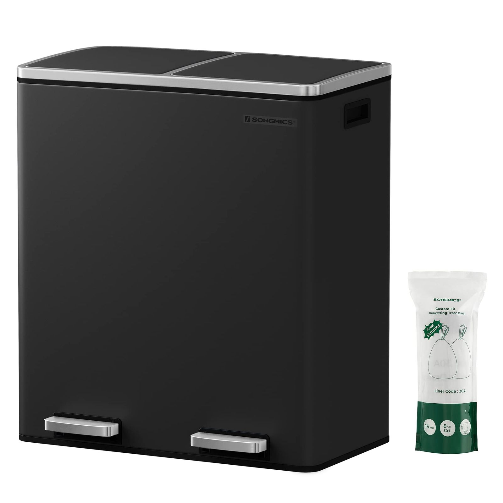 SONGMICS ゴミ箱 ペダル式 ダストボックス ポリ袋付き 蓋付き 2ｘ30L インナーバケット二つ ステンレス 密閉 音無し おしゃれ 横型 室内 ベランダ LTB60BK