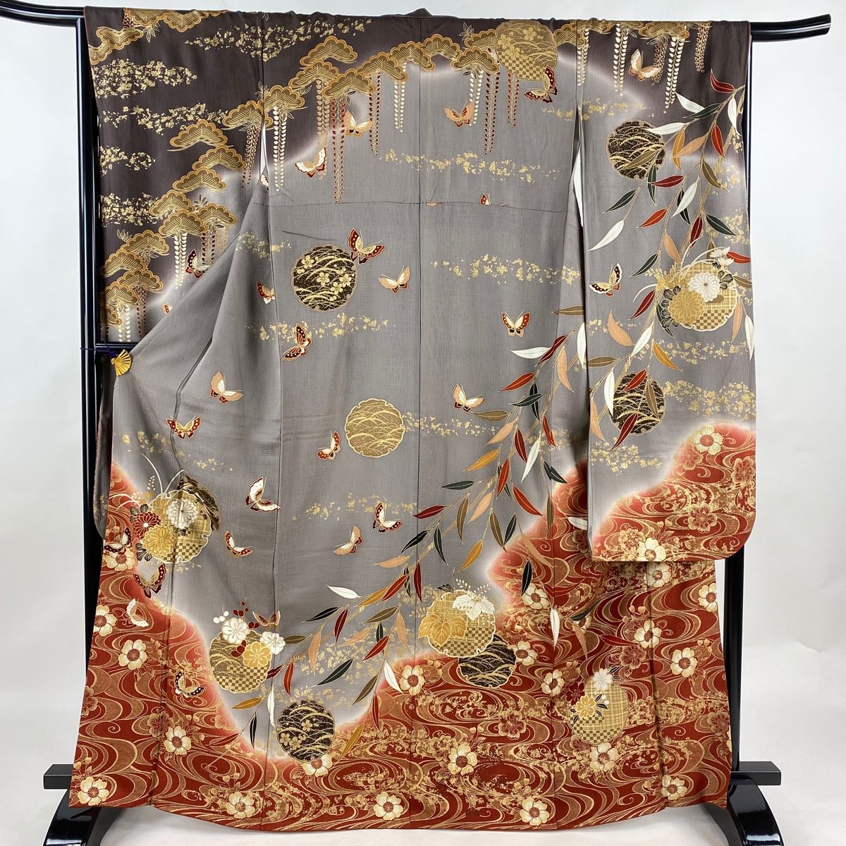 振袖 身丈166cm 裄丈66cm M 袷 雪輪 蝶 金彩 金糸 灰紫 正絹 秀品