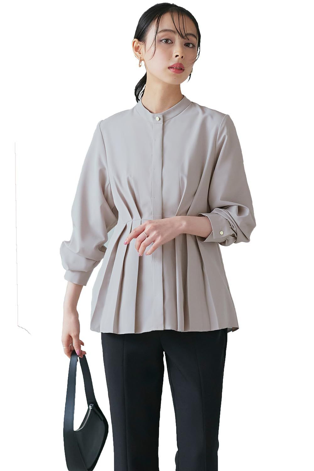 Size S_Color グレージュ PGY ルイ ルエ ブティック ウエスト タック バンド フ ブラウス レディース ミセス ママ トップス チュニック シャツ カジュアル フォーマル 長袖 大きいサイズ ドレスシャツ シンプル スーツ 通