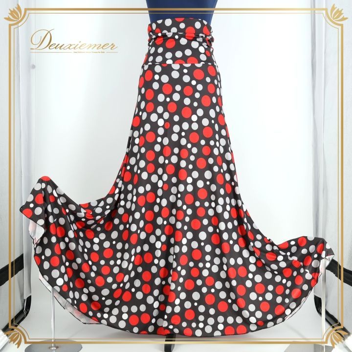フラメンコ 衣装 ファルダ ブラック系 スカート ドット柄 水玉 ストレッチ ロング 黒 白 赤 華やか 伸縮 柔らかい ハイウエスト ホワイト系 グレイ系 レッド系