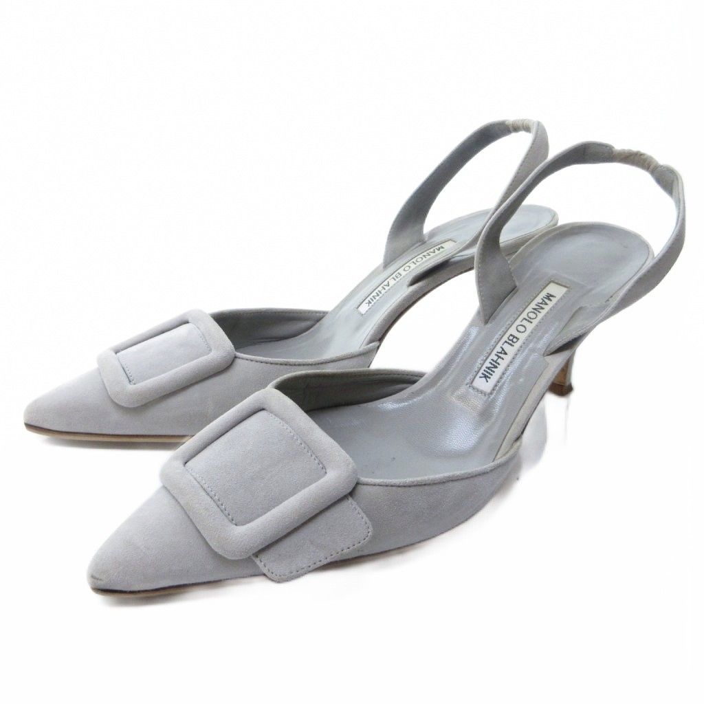 マノロブラニク MANOLO BLAHNIK メイセール スエード ミュール スリングバック ポインテッドトゥ グレー 約26cm IBO81