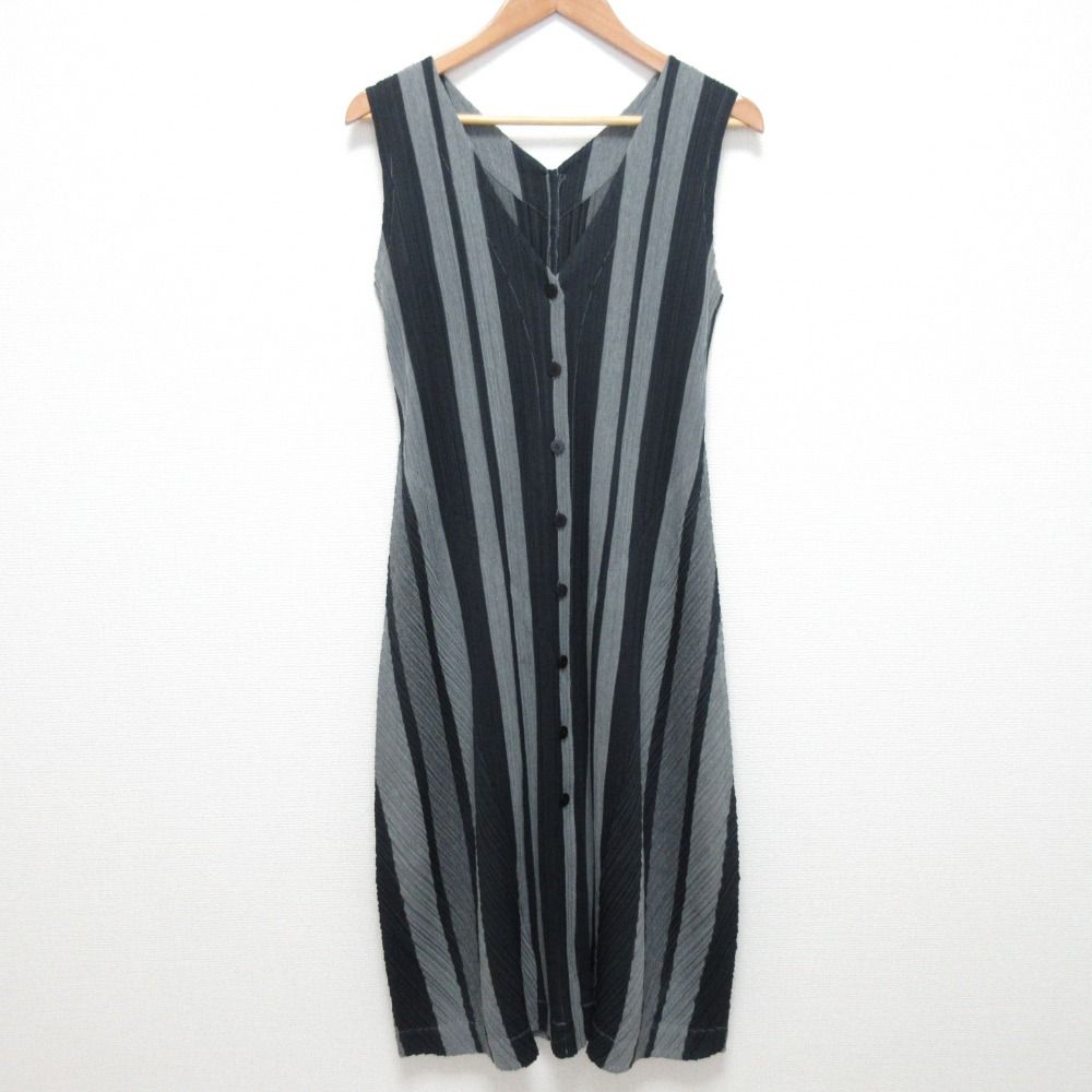 PLEATS PLEASE プリーツプリーズ イッセイミヤケ ストライプ ノースリーブ ワンピース PP51-JH513 サイズ3 グレー レディース 古着
