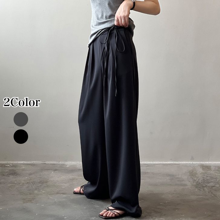 タックワイドパンツ パンツ レディース ボトムス ワイドパンツ タックパンツ ガウチョパンツ ロング丈 マキシ丈 無地 春 夏 ワイド ウェストリボン ロング 長ズボン すっきり 体型カバー カジュアル 仕事 送料無料