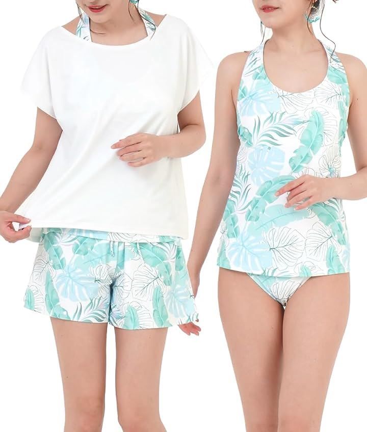 Sweet Passion(スウィートパッション) 水着 レディース 体型カバー 4点セット タンキニ Tシャツ ハーフパンツ ショーツ グリーンリーフ x ホワイト( グリーンリーフ x ホワイト,  L)