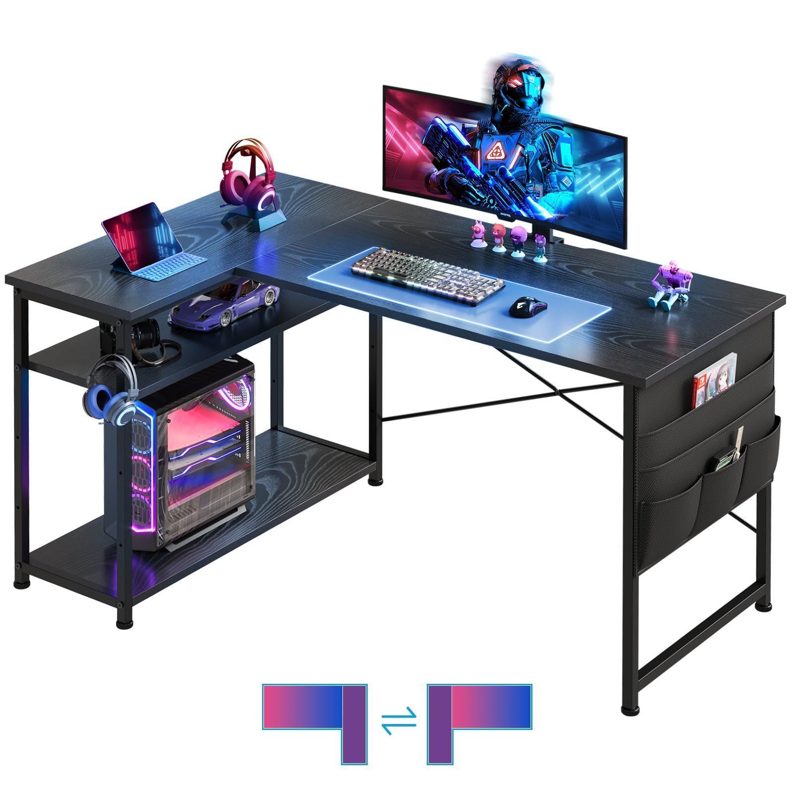 商品 リモートワーク 勉強机 L字型 作業机 ラック付き 棚板高さ調節 つくえ コーナーデスク 幅99cm 右棚左棚 l字デスク 黒い パソコンデスク pcデスク 机 ゲーミングデスク Maihail MARWIL-DEMENAGEMENTS_CH