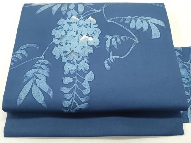 平和屋着物●塩瀬　九寸名古屋帯　刺繍　ろうけつ染め　枝垂れ藤　留紺色　正絹　逸品　DAAW6854ob 平和屋着物○塩瀬 九寸名古屋帯 刺繍 ろうけつ染め 枝垂れ藤 留紺色