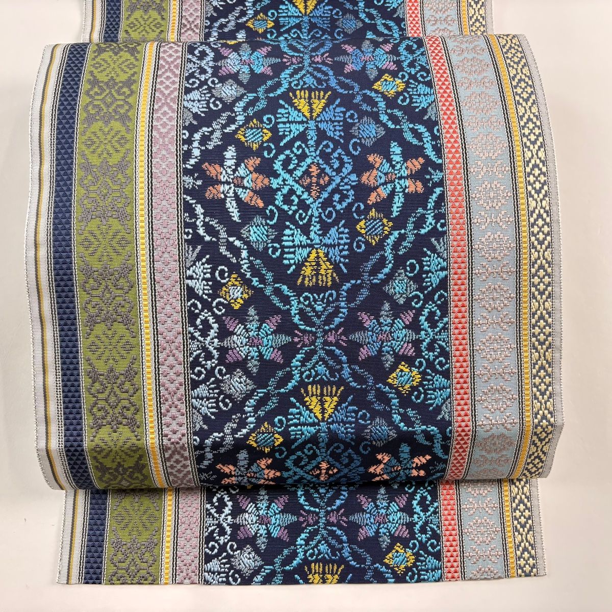 名古屋帯 名品 八寸名古屋帯 松葉仕立て 縞 花唐草 紺色 正絹