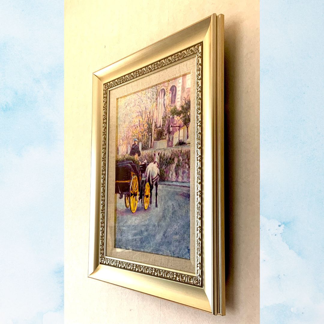 風景画/街の風景・ヨーロッパ「馬車が走る街」油彩画/SM/額付き