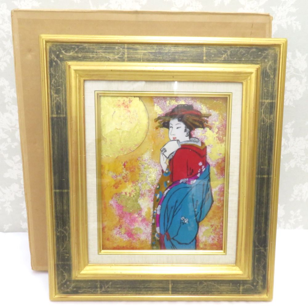 骨董 民芸品 インテリア 番洋 遊女 硝子絵 絵画 ガラス絵 黄袋有 箱有