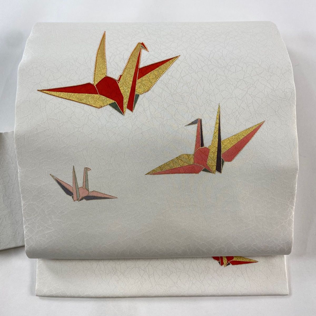 名古屋帯 秀品 折り鶴 金糸 金彩 灰色 正絹