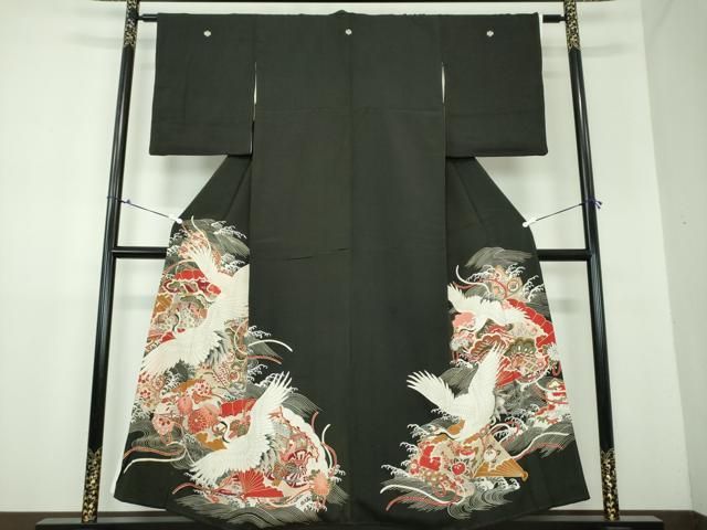 平和屋着物●アンティーク 大正ロマン 黒留袖 駒刺繍 立波御所車花文 金彩 正絹 DAAX4480ps
