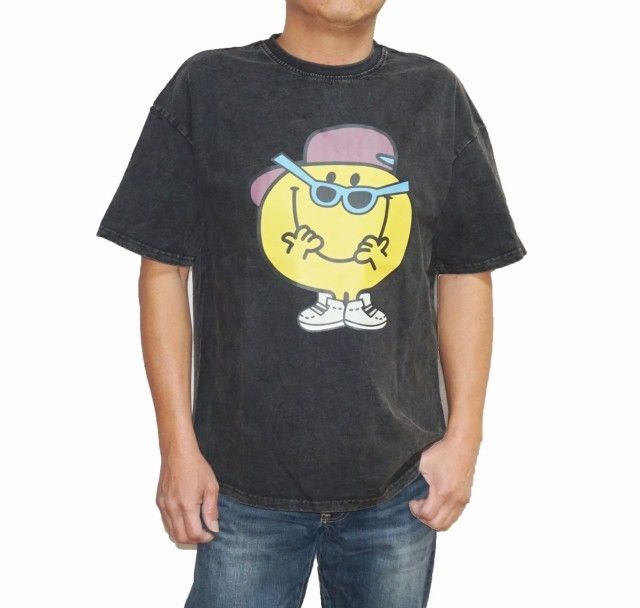 メンズ カジュアル Tシャツ スマイリーフェイス 黒 ユーズド加工 にこちゃんマーク 半袖 夏物 ブラック