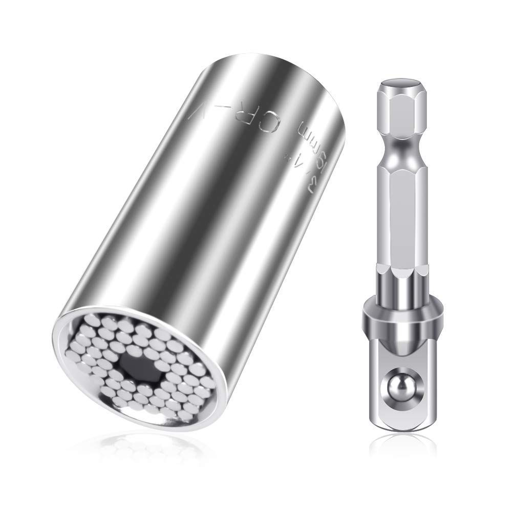 MAEXUS 万能ソケット ユニバーサルソケット 7～19mm(1/4～3/4インチ)対応 54本スチールのピン内蔵 多機能 2点セット ドリルアダプター付き作業工具