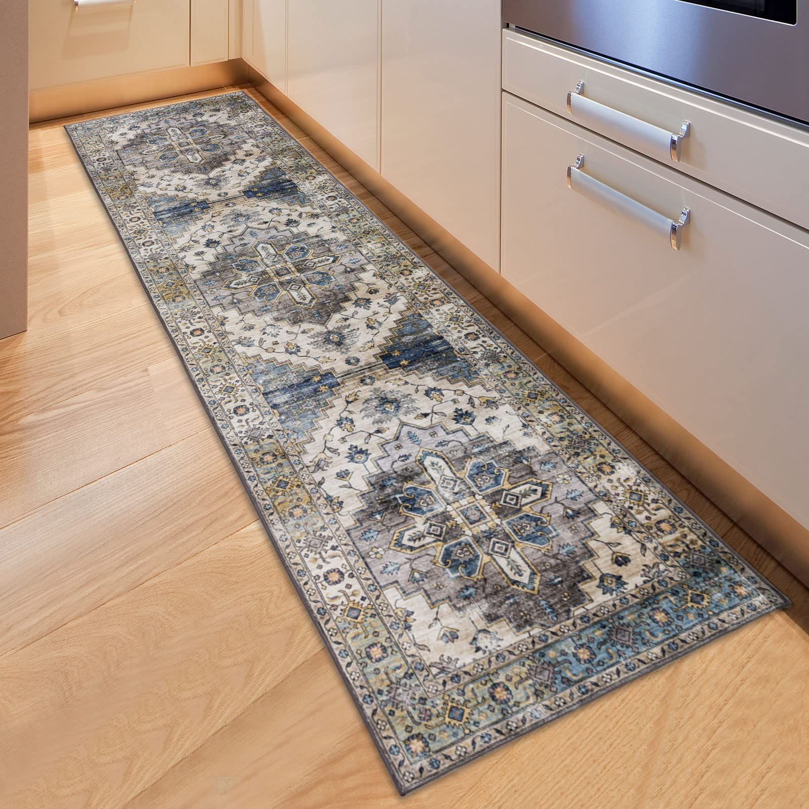 数量 花柄 60x240CM ラグ おしゃれ カーペット 台所マット 滑り止め ペルシャ絨毯風 ブルー 廊下カーペット 撥水効果 洗える 防ダニ 240 防臭 キッチンマット 床暖房対応