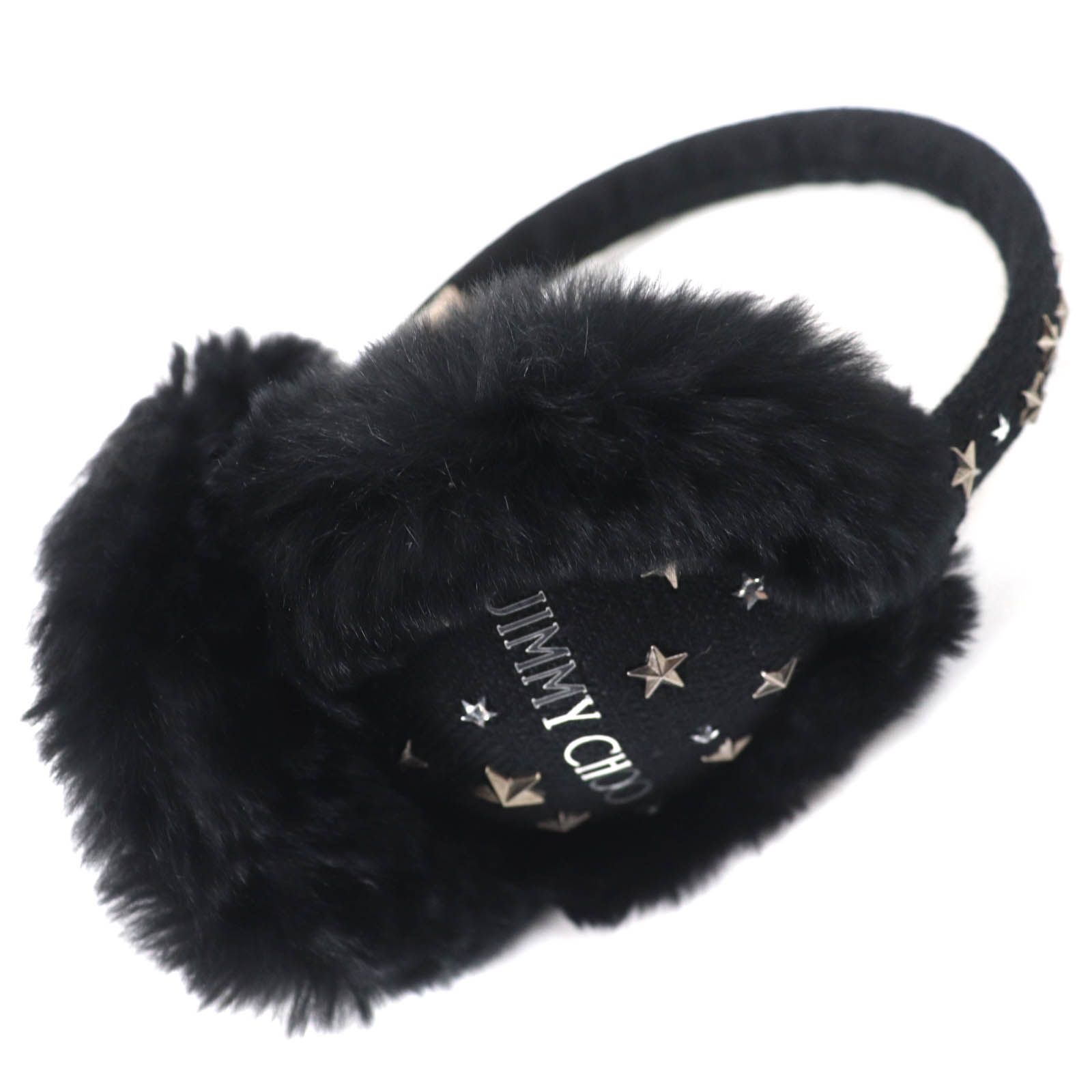 △JIMMY CHOO ジミーチュウ スタースタッズ ロゴ入り エコファー 耳当て イヤーウォーマー イヤーマフ ブラック レディース