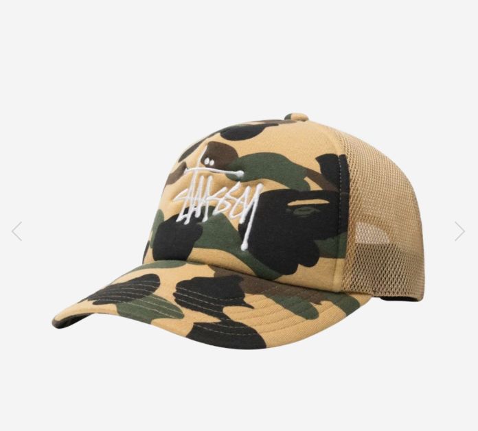 A BATHING APE アベイシングエイプ STUSSY ステューシー コラボ イエロー トラッカー カモフラージュ キャップ