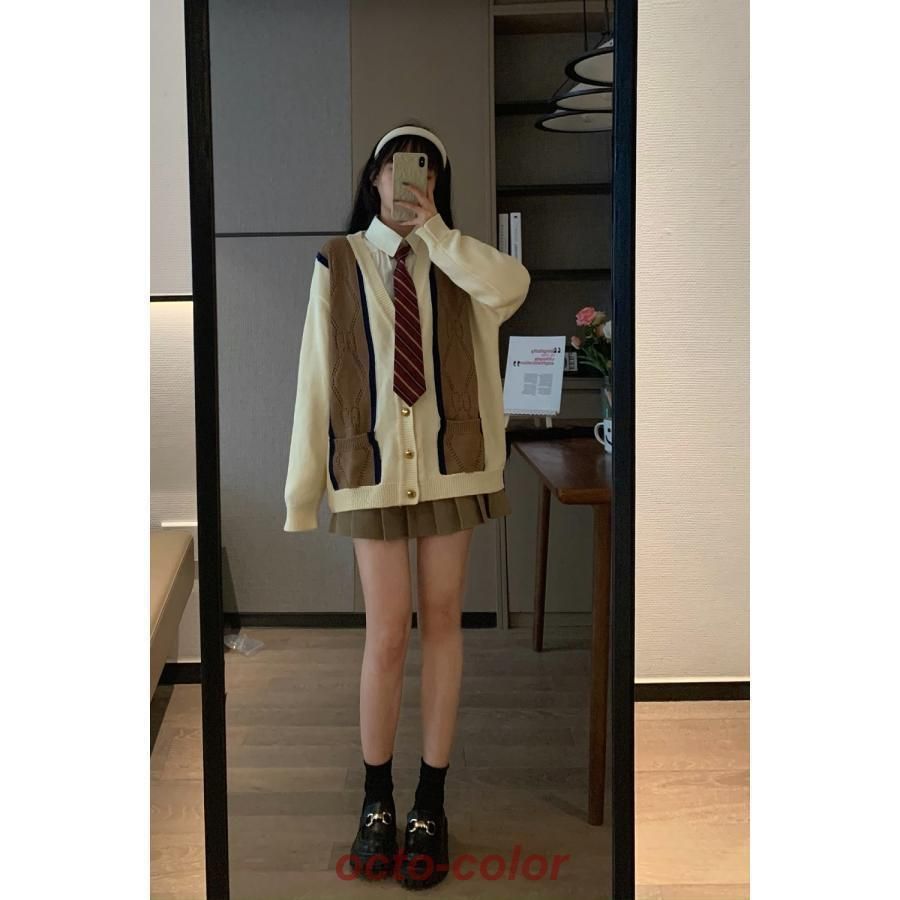 トップス 羽織り カーディガン ロング丈 袖あり 長袖 Vネック 襟なし 配色切り替え ポケット ゴールドボタン リブニット 伸縮性 ニット 厚手 かわいい トップス 羽織り カーディガン ロング丈 袖あり 長袖 Vネック 襟
