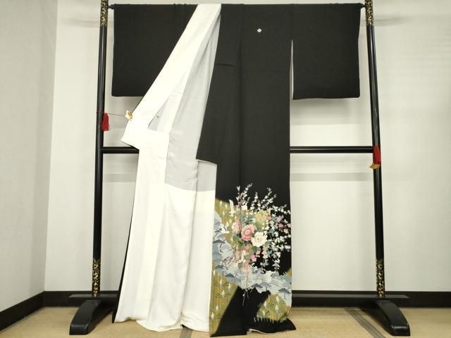 平和屋着物○十日町友禅作家 岡村蒼風 黒留袖 草花文 ロング丈 正絹