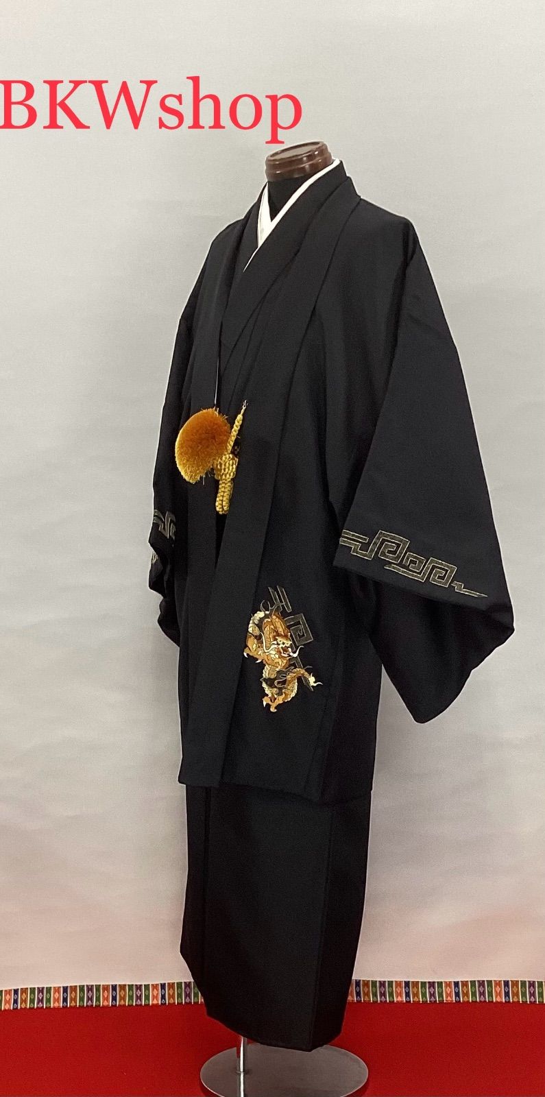 限品限り used 羽織 黒地 龍刺繍柄 着物 黒地 2.50寸 175cm～ ２点セット 成人式 結婚式 新郎様 仲人 男着物 催事 式典