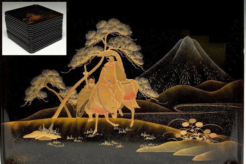 蔵A2345b 木製黒塗蒔絵 人物風景図 吸物膳 四方盆 十五客