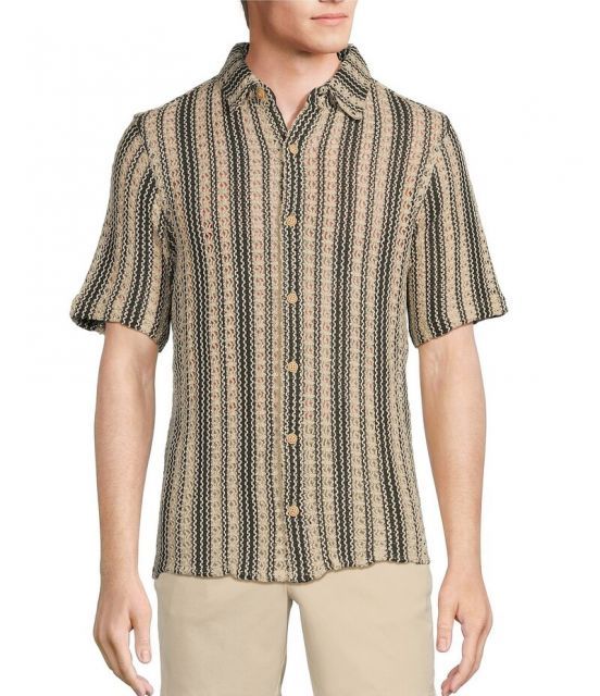 【送料無料】 ラウン メンズ シャツ トップス Outsider's Oasis Short Sleeve Textured Geometric Pattern Coatfront Shirt Winter White