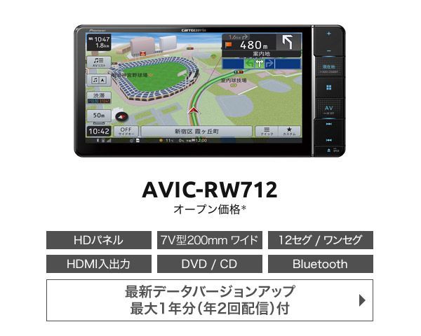 カロッツェリア7V型200mm楽ナビAVIC-RW712+ND-BC8IIバックカメラセット