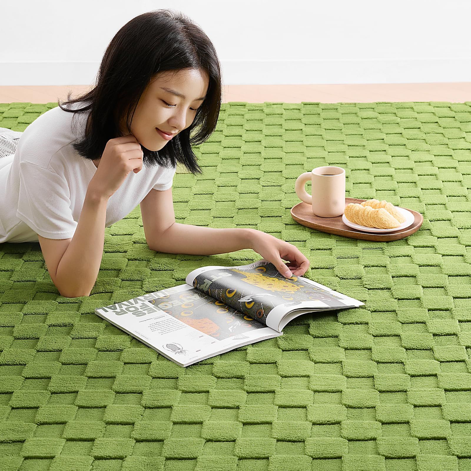 Phantoscope ラグ 厚 カーペット ウレタン15mm 厚手 130×190cm 約1.5畳 防音 抗菌防ダニ 低ホルム ふわふわ もちもち 滑り止め ホットカーペット対応 こたつ敷きマット グリーン