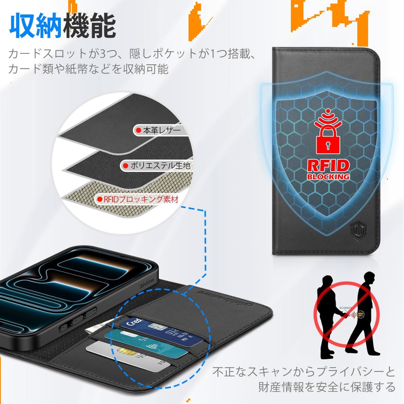 【特価商品】SHIELDON iPhone17 Pro 対応 手帳型ケース 本革レザー 6.3インチ 5G TPU素材 [RFIDブロッキング] カード収納 横置きスタンド機能 マグネット内蔵 ストラップ穴付き 衝撃吸収 あいふぉん 17 