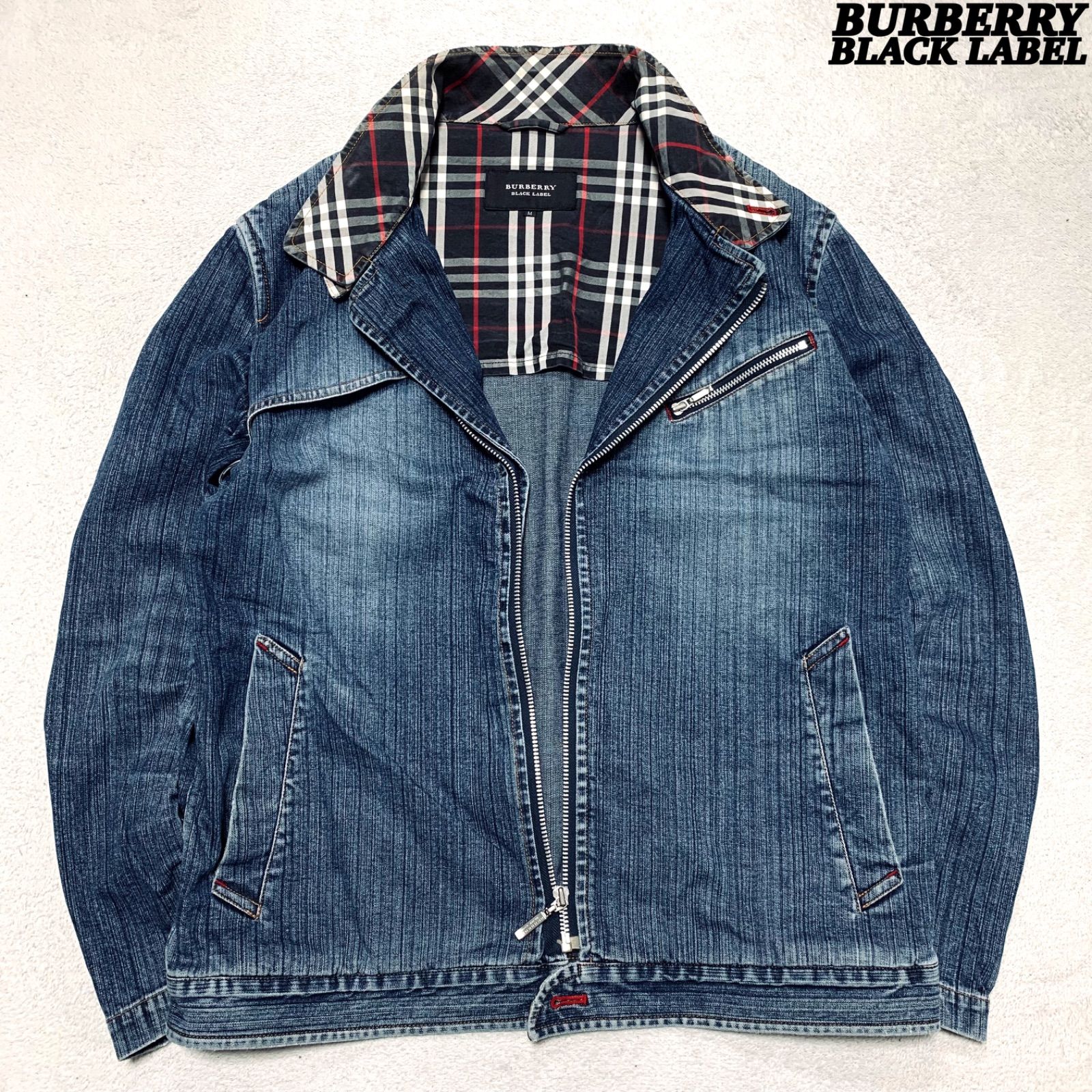 BURBERRY BLACK LABEL デニムジャケット ライダースジャケット セミダブル ノバチェック チンストラップ ロゴ刻印 ヴィンテージ加工 ウォッシュ加工 フェード Mサイズ インディゴブルー 青系 バーバリーブラックレーベル