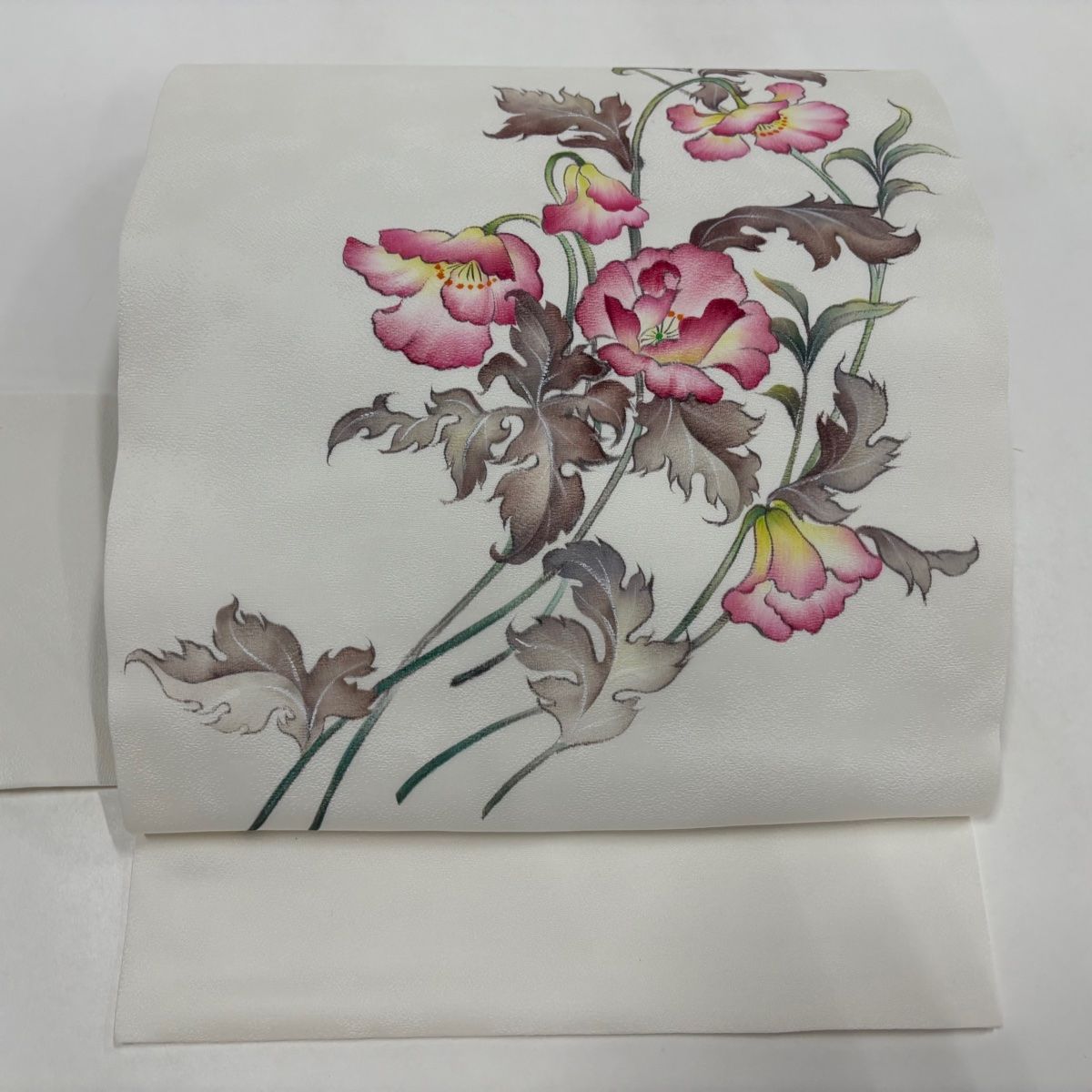 名古屋帯 落款 草花 白 正絹