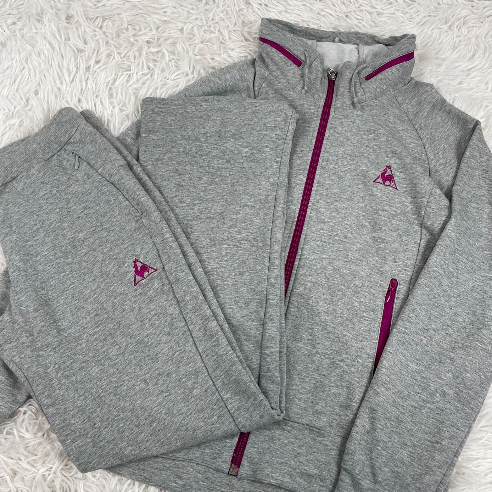 Le Coq Sportif セットアップ ジャージ Mサイズ グレー ジップアップ トラックジャケット パンツ フード収納