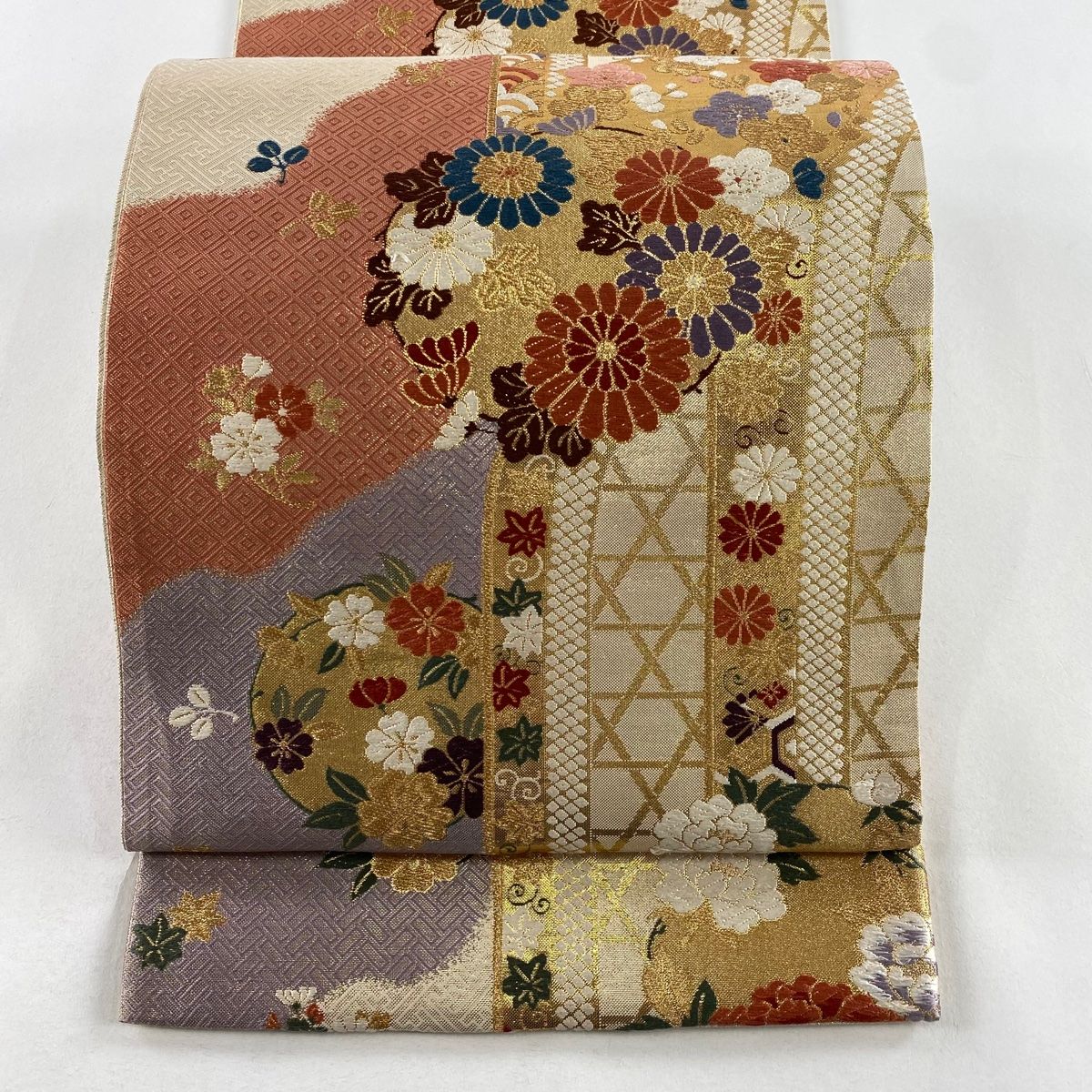 袋帯 秀品 花丸文 菊 唐織 箔 金色 六通 正絹