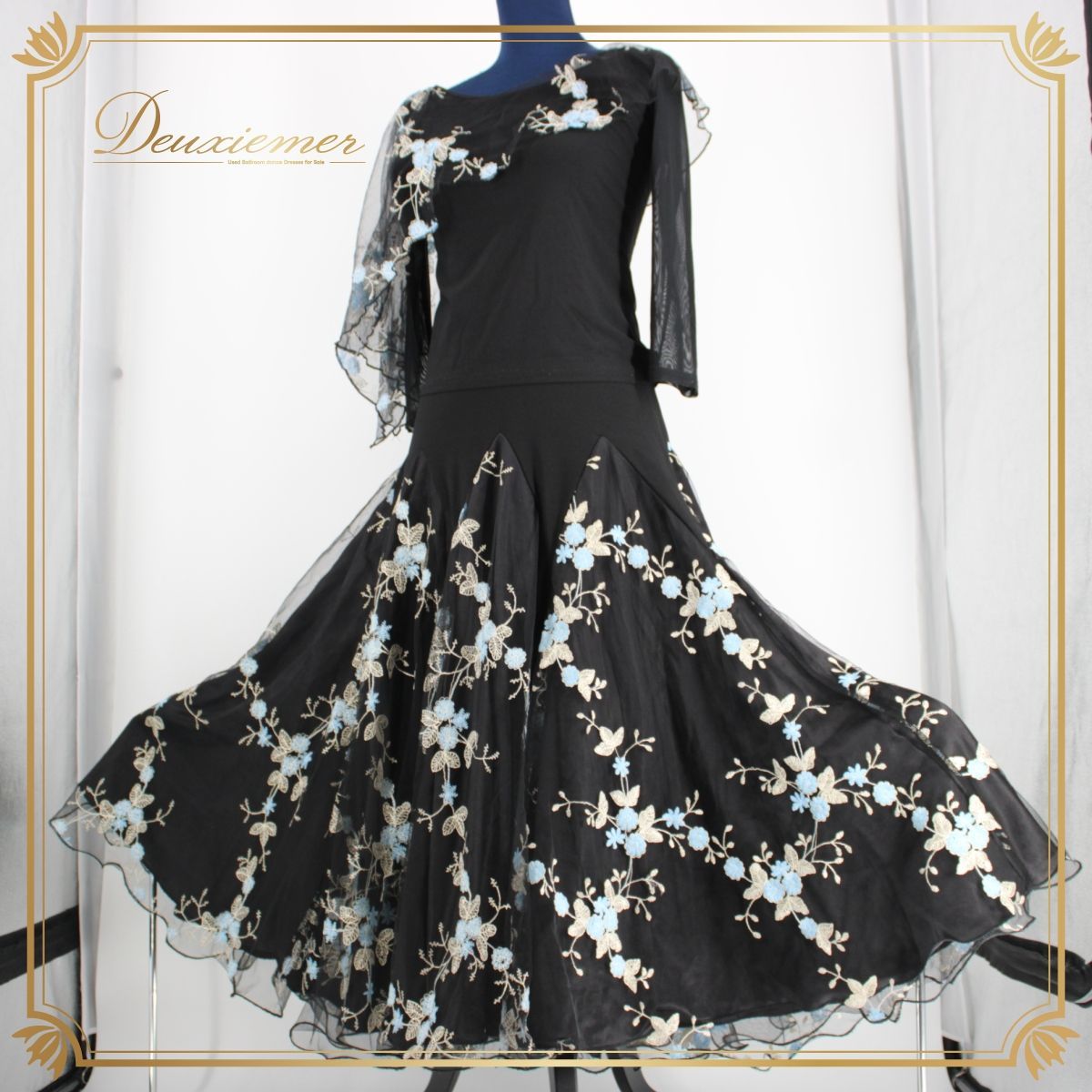 【美品 社交ダンス衣装】上下セット トップス スカート leirena 水色 黒 美品 社交ダンス衣装】ブラック系 黒 ブルー系 水色 leirena
