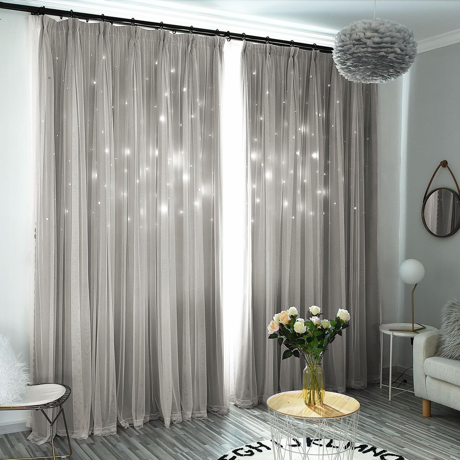 カーテン 姫系 遮光カーテン グラデーション 可愛い 透かし彫り 星柄