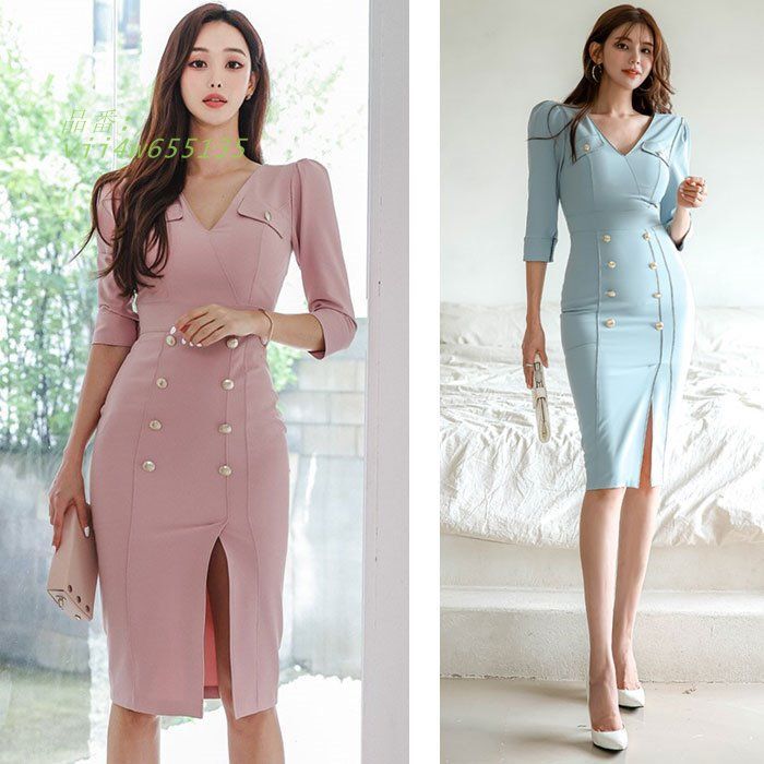 五分袖膝丈タイトワンピース ピンク